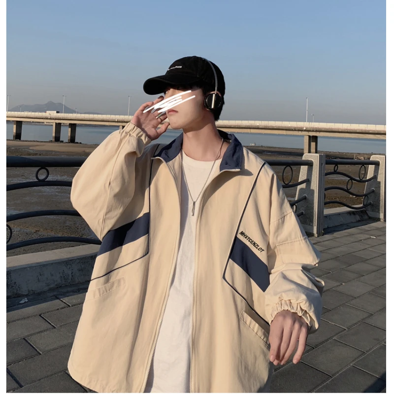 College Mens Baseball Jacket Japanese High Street Patchwork Stand Collar Coat Color Block Casual Thin Couple Outwear Spring