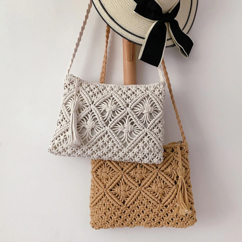 1PC New Simple Summer Beach Seaside Shoulder Bag Oblique Cross Bag Clutch Tassel Cotton Rope Bag Woven Bag