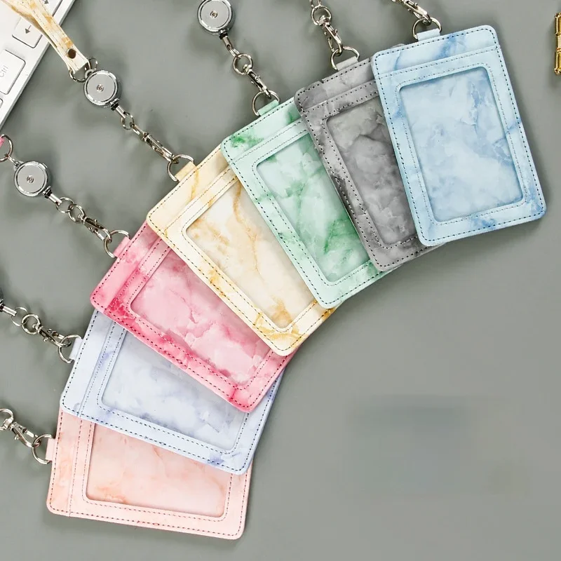 Marbling PU Leather Cards Holder ID Bus Bank Credit Card Holder with Long Retractable Neck Rops Colored Bus Bank Credit Card Bag