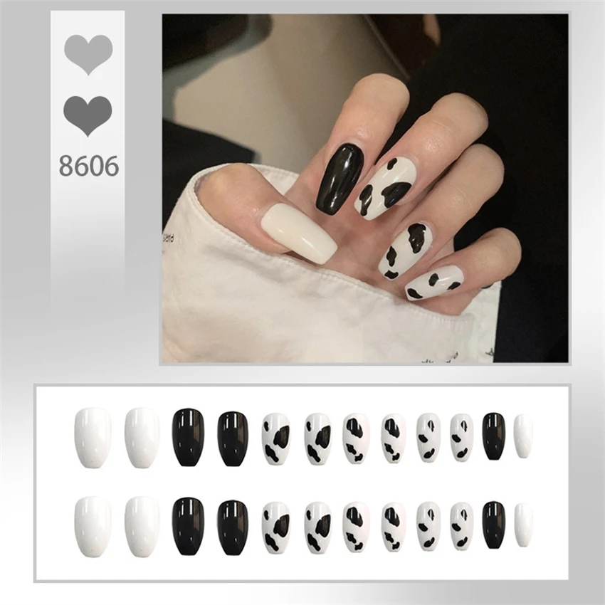 24Pcs/Set Cow Print French Design Stick Wearing False Nails Full Coverage Acrylic Press on Nail Artificial Short Fake Nails Tips