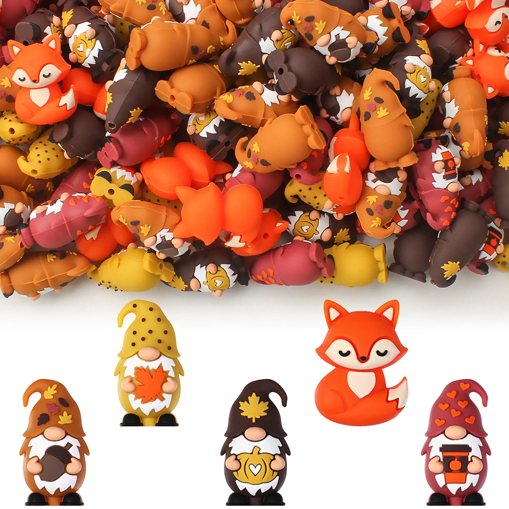5/10/20/50PCS  Autumn-Themed 3D Silicone Bead, Fox, Coffee /Maple Leaf /Pumpkin /Pine Nut Gnome Focal Beads for Jewelry Making