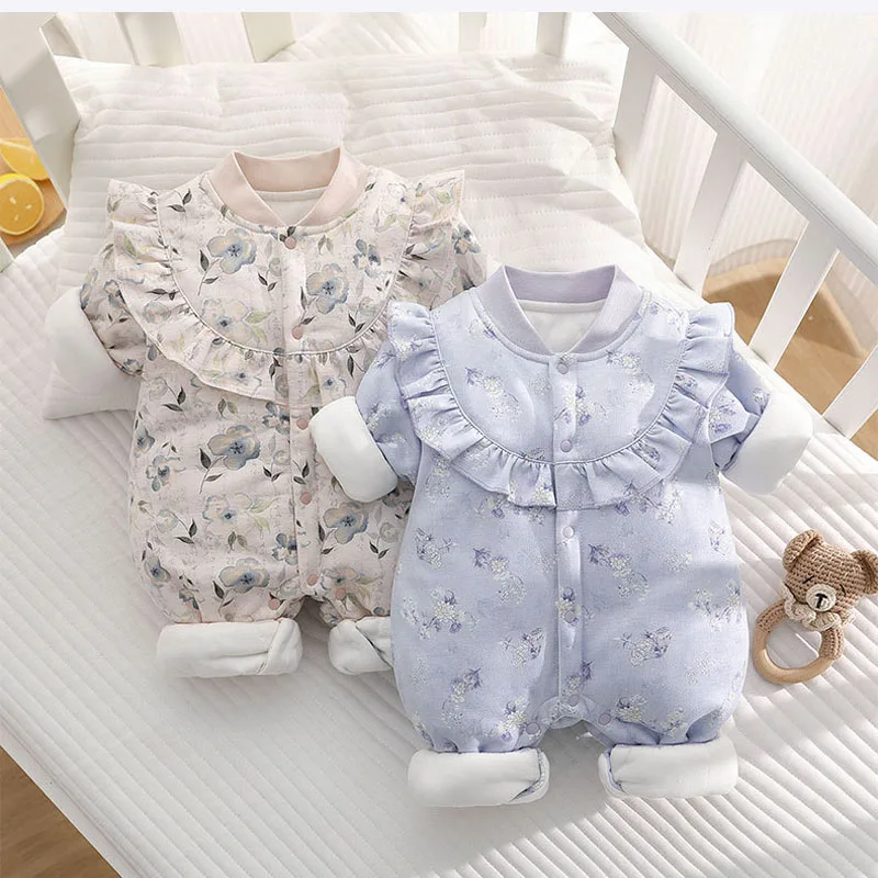 

Зима 2025 года, толстый детский комбинезон из 100% хлопка, класс A, приятный для кожи, с боковыми пуговицами и цветочным принтом для мальчиков и девочек, От 0 до 18 месяцев