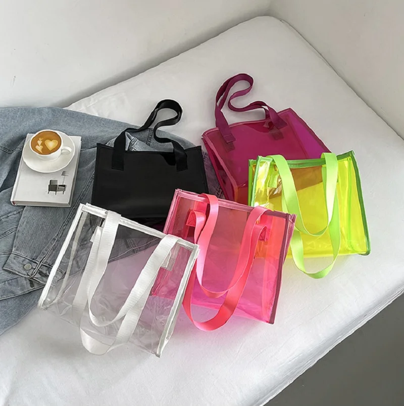 Pvc Transparent Handbag Candy Color Clear Handbag Large Capacity Waterproof Shoulder Tote Lady Shopper Bags Summer Beach Clutch