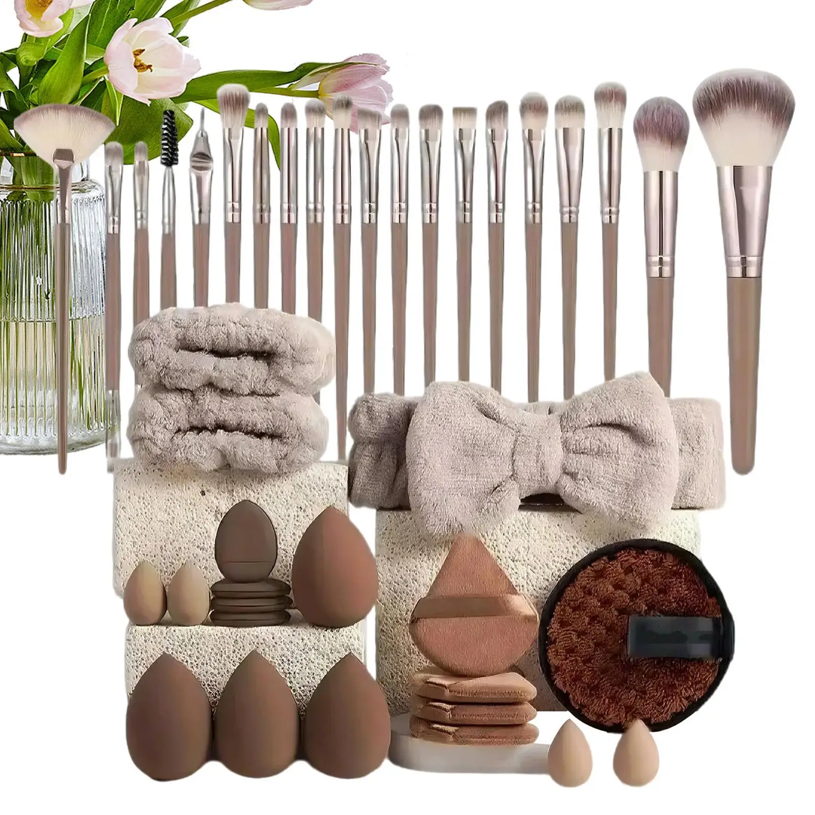 Make-up kwasten en sponzen set bruine make-up bladerdeeg, schoonheid ei, hoofdband polsbandje remover kit make-up tool cadeau