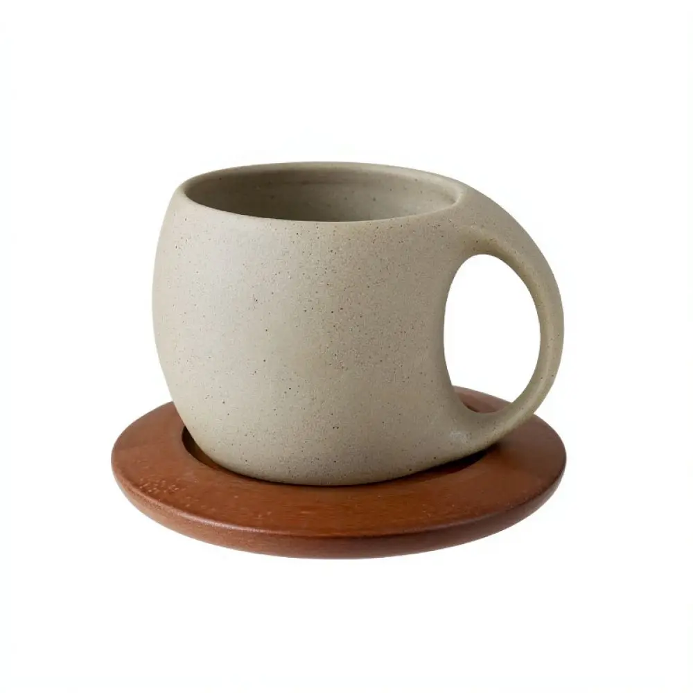 Creative Crescent Design Ceramic Mug With Wood Saucer Vintage Coarse Pottery Tea Latte Cup Artistic Home Office Drinkware
