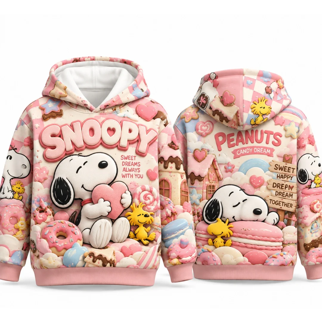 Snoopy Peanuts Sweet Candy Donut Hoodie Unisex Pullover Hooded Sweatshirt Cute Pink Rainbow Cartoon Streetwear kids Tops