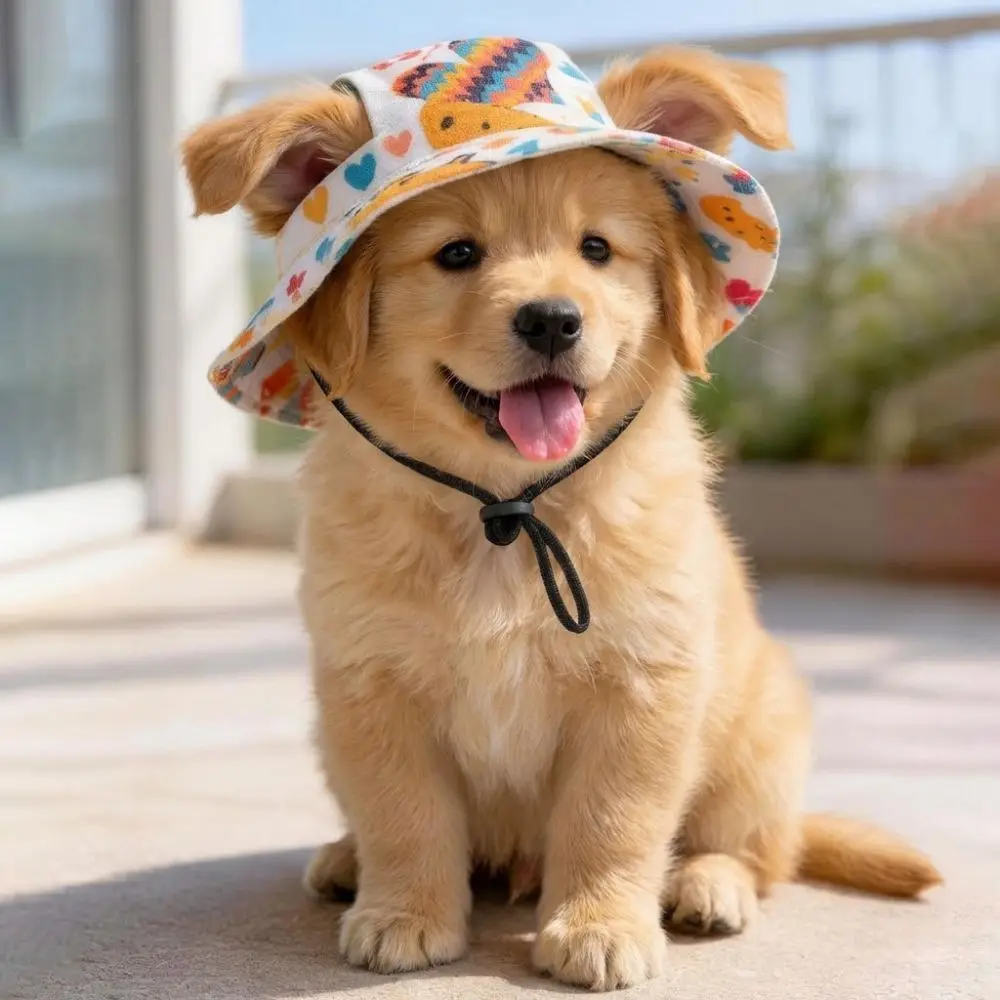 Breathable Cat Dog Sun Hat Adjustable Drawstring with Ear Holes Pet Bucket Hat Lightweight UV Protection Pet Cowboy Hat