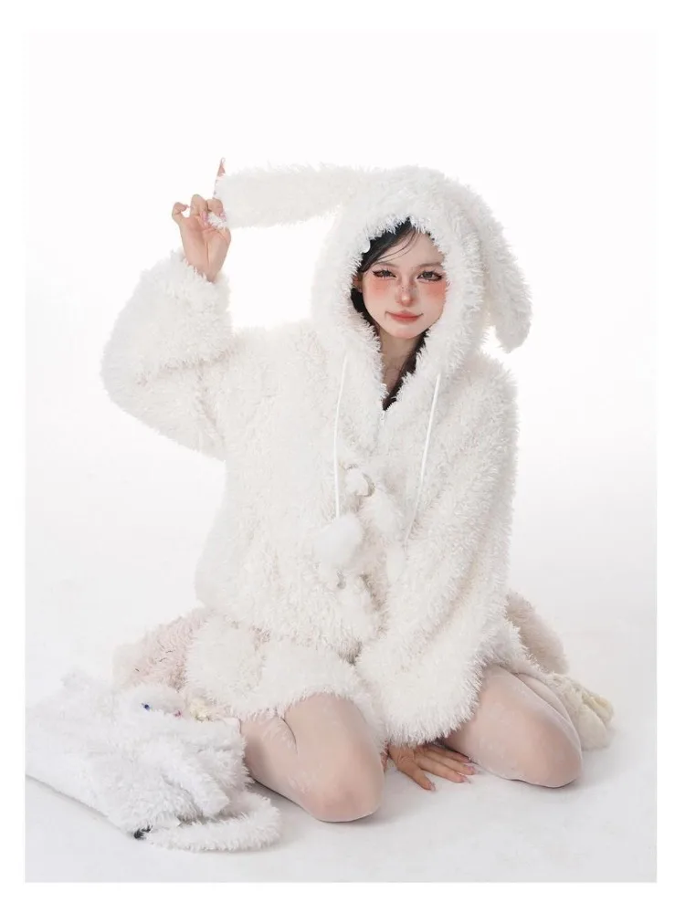 Lazy White Long Sleeve Rabbit Ear Fluffy Hoodie Tops Women+ Y2k High Waist A-line Skirts Autumn Winter New Two Piece Sets