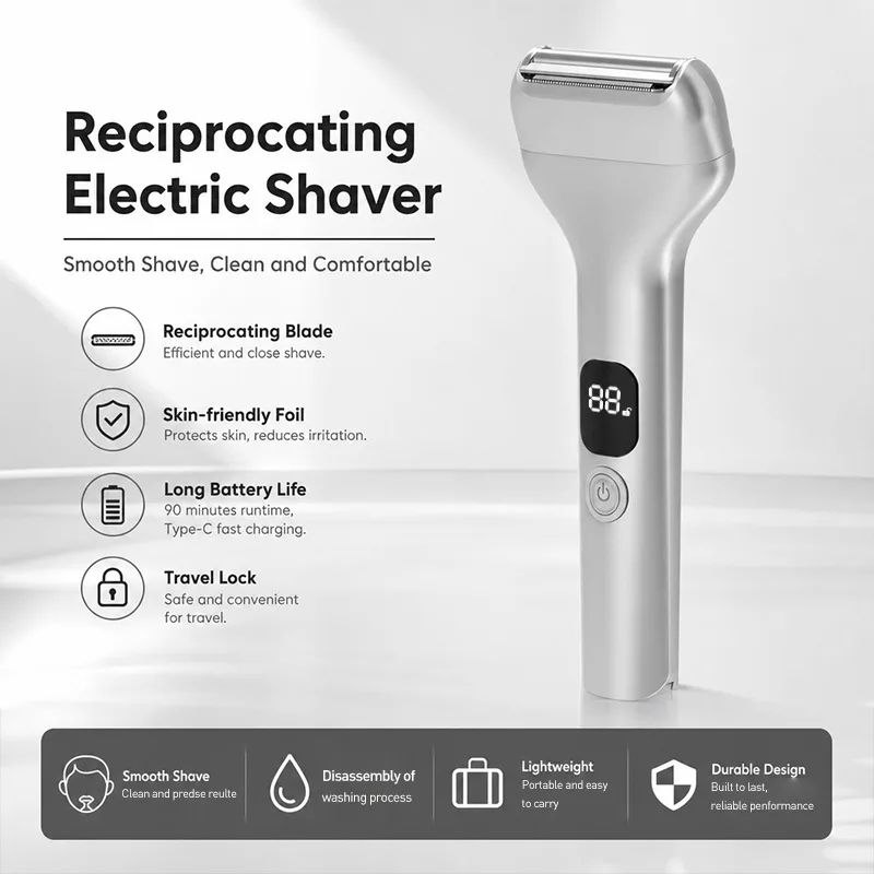 Men's Gray Electric Shaver, IPX6 Waterproof Portable Travel Shaver, Digital Battery Level Display, Magnetic Shaving Head