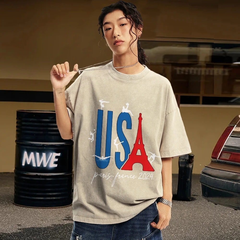 

Trend Tops Clothing Eiffel Tower Printing Short Sleeves Summer Plus Size Streetwear Export Short Sleeves Europe and America