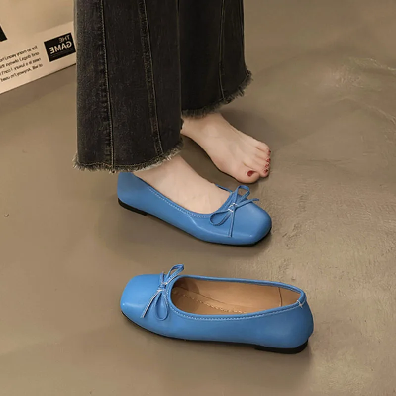 Kobiety Retro Gentle Bowknot Flat Shoes Fashion Elegant Blue Sliver Square Toe Slip on Spring Autumn Dress Loafer Casual Shoes