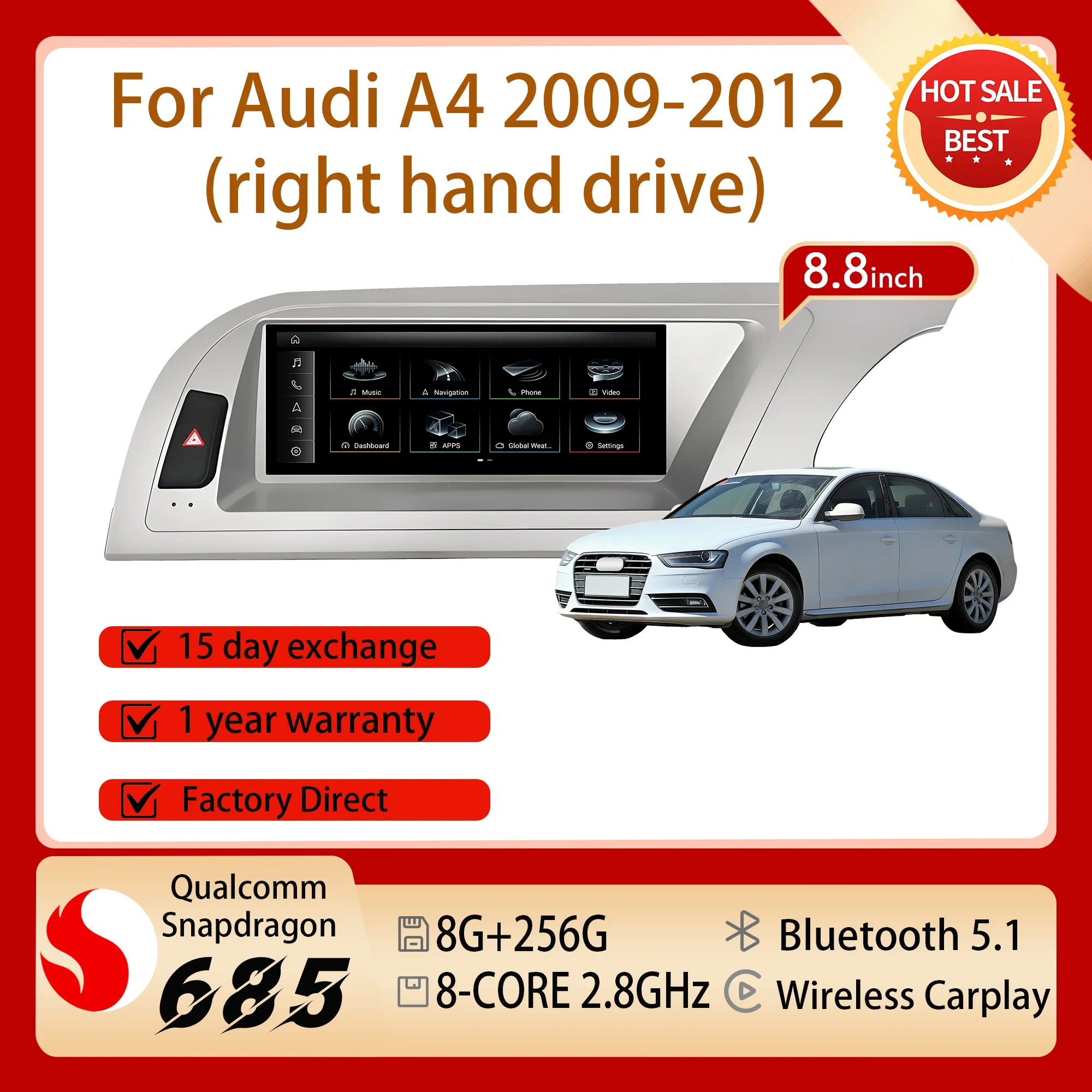 8.8'' Right Hand Drive For Audi A4 2009-2012 Car Radio Bluetooth Android 14 Carplay Snapdragon 685 Split Screen GPS Navigation