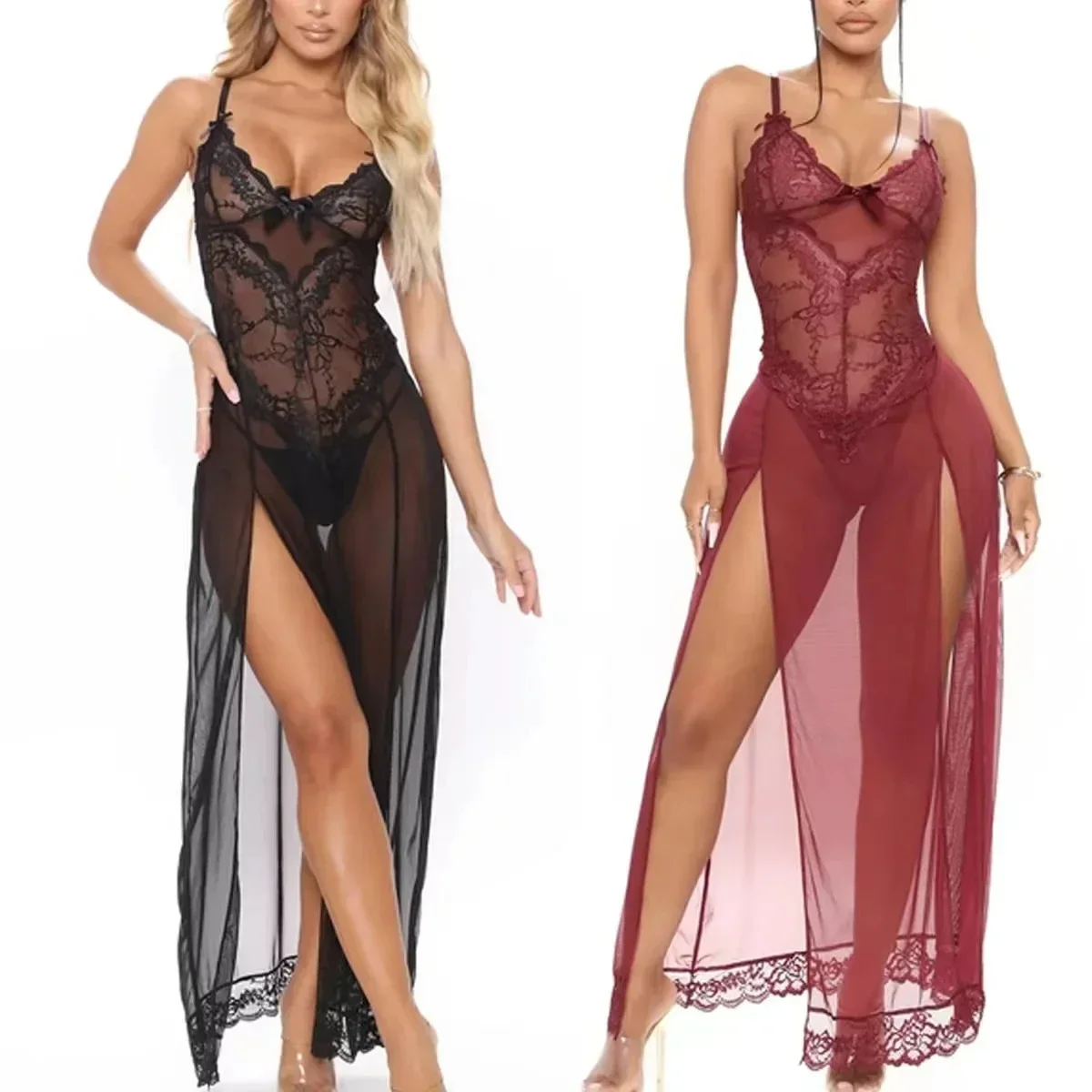 

Plus Size Mesh Sling Nightdress Lace Emotional Lingerie Sexy Nightwear Female Temptation Nighties for Women Sleeping Dress S-5XL