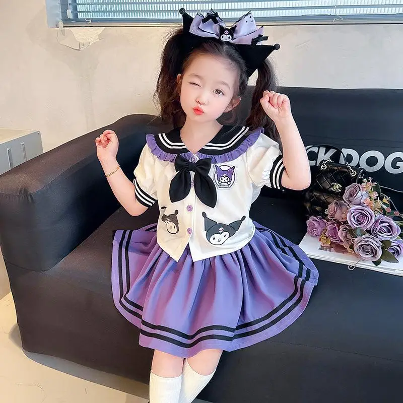 Kawaii أنيمي مرحبا كيتي الفتيات Jk تنورة مجموعة سينامورول سانريوس الصيف القوس دمية طوق قصيرة الأكمام مطوي تنورة بحار موحدة