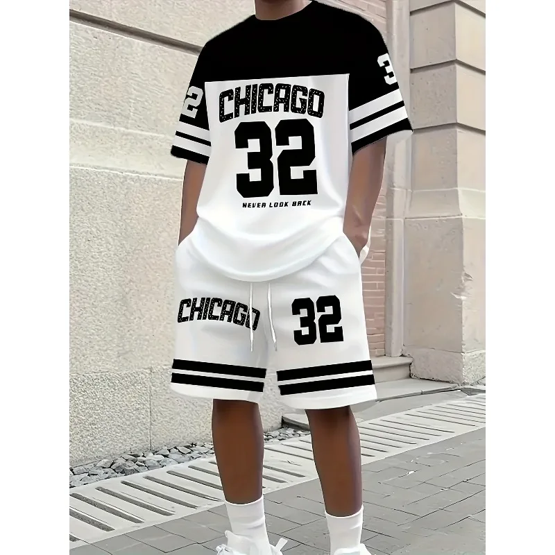 

Men's City Themed Oversized 32 Digit Pattern T-shirt and Matching Shorts Set, Black and White Sports Style Summer Outfit
