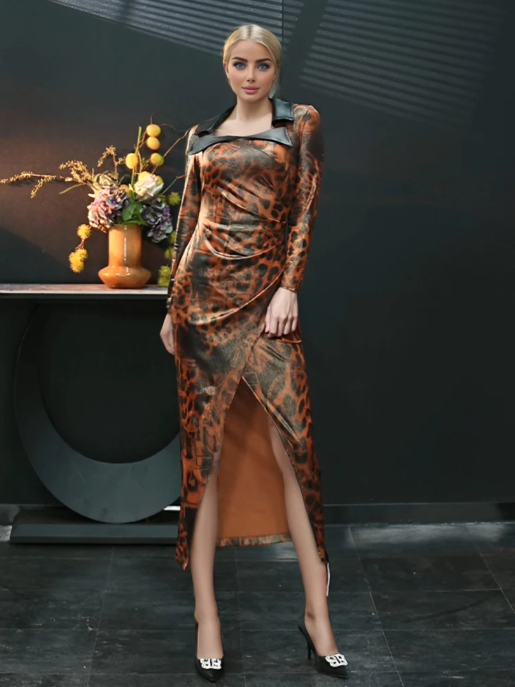 

Women's Dress Leopard Print Slim Lapel Vintage Casual Party Long Sleeve Dress Split Female Sexy Skinny Mid-length Dresses