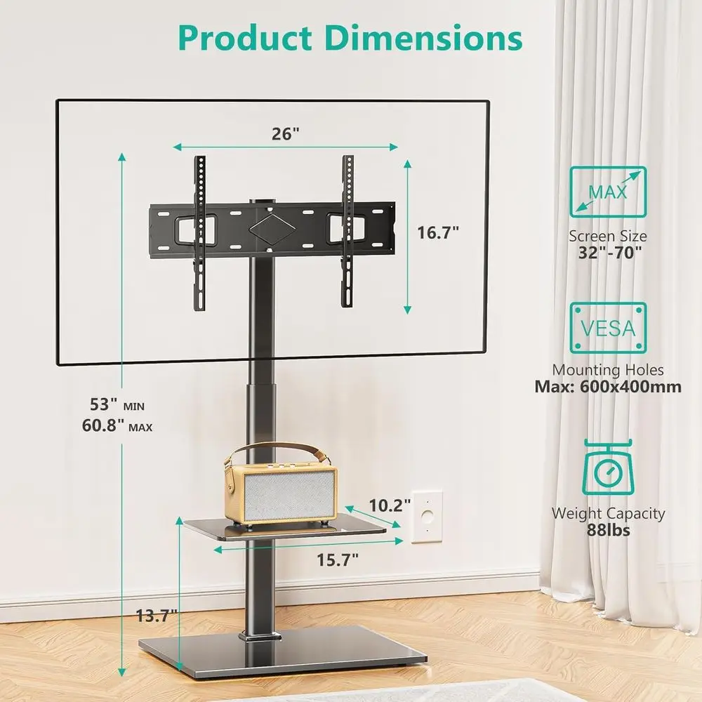 TV Floor Stand for 32-70inch TVs up to 88lbs, Universal Floor TV Stand Mount, Swivel and Height Adjustable Tall TV Stand with Te