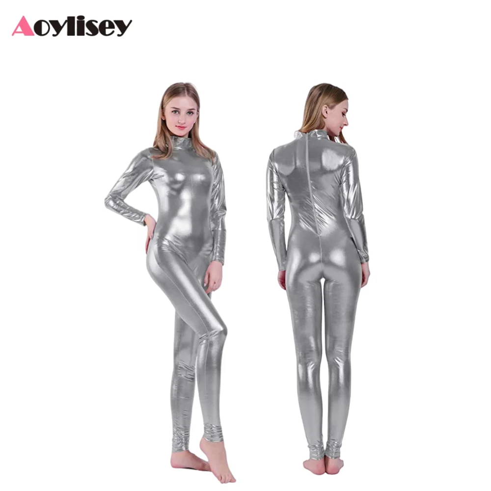 Frauen Shiny Metallic Ballett Tanz tragen Overalls Zurück Zipper Ganzanzug Bühne Leistung Halloween Kostüme Cosplay Anzüge