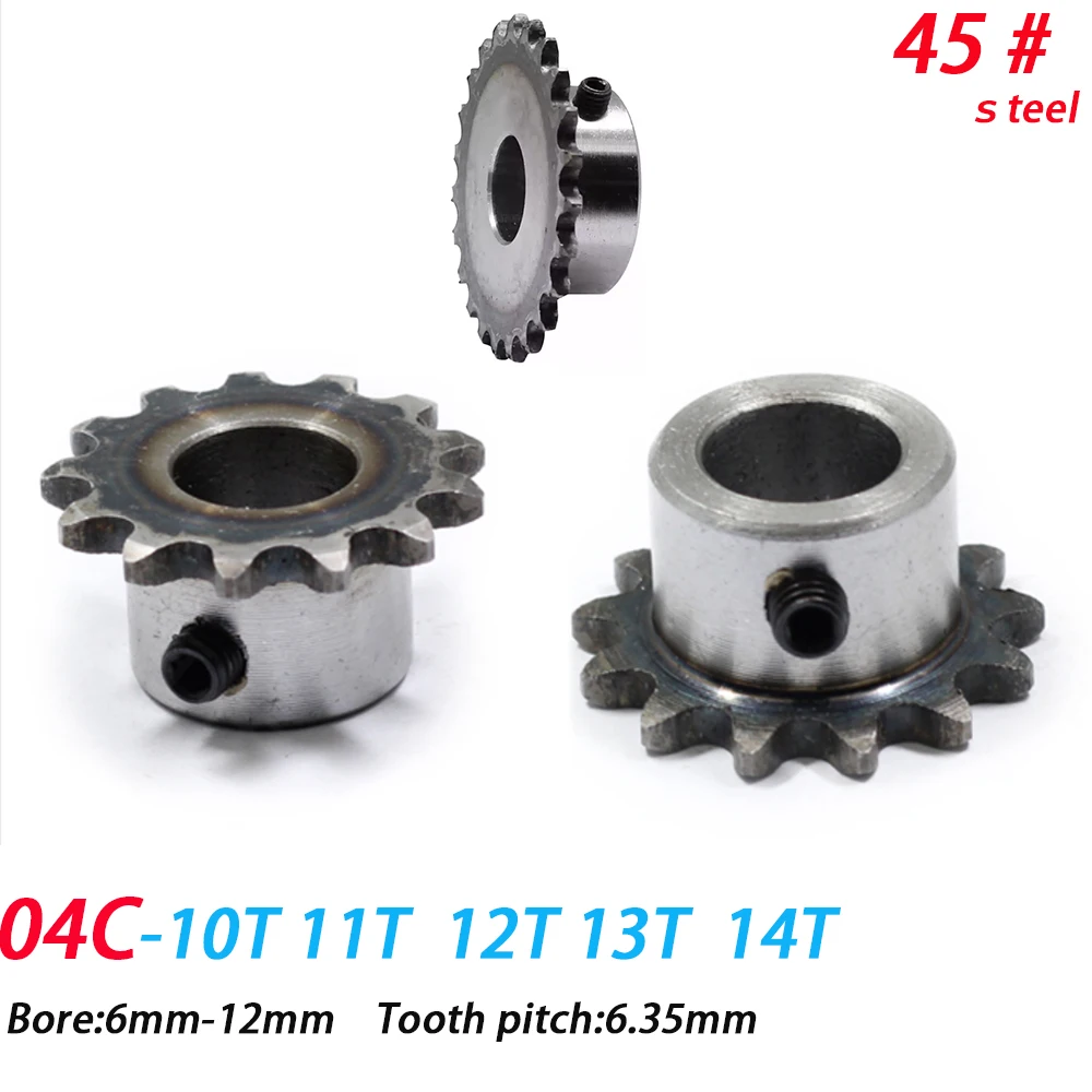 1PCS 04C 10-14 Tooth Chain Wheel M5 Industrial Drive Chain Wheel 45 Steel Quenched Pitch 6.35 Carbon Steel Hole Dia 6/8/10/12mm
