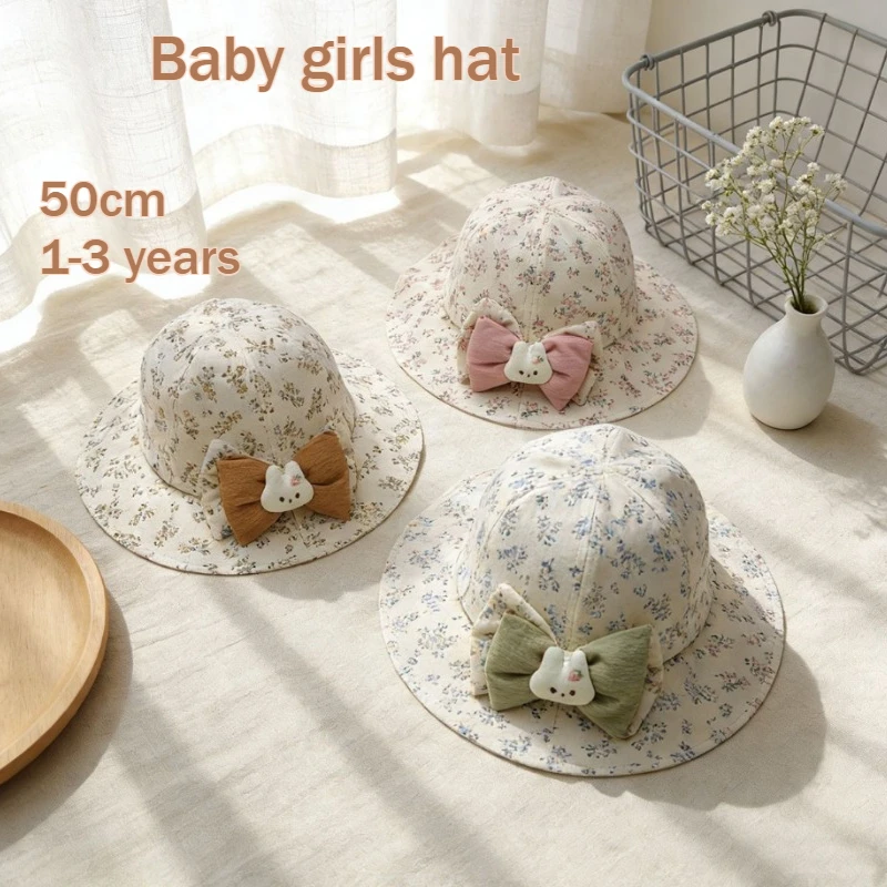 Girls Hat 50cm 1-3 Years Fisherman Hats Flower Bunny Baby Bucket Hat Outdoor Sun Protection Cap UV Block Summer Toddler Caps