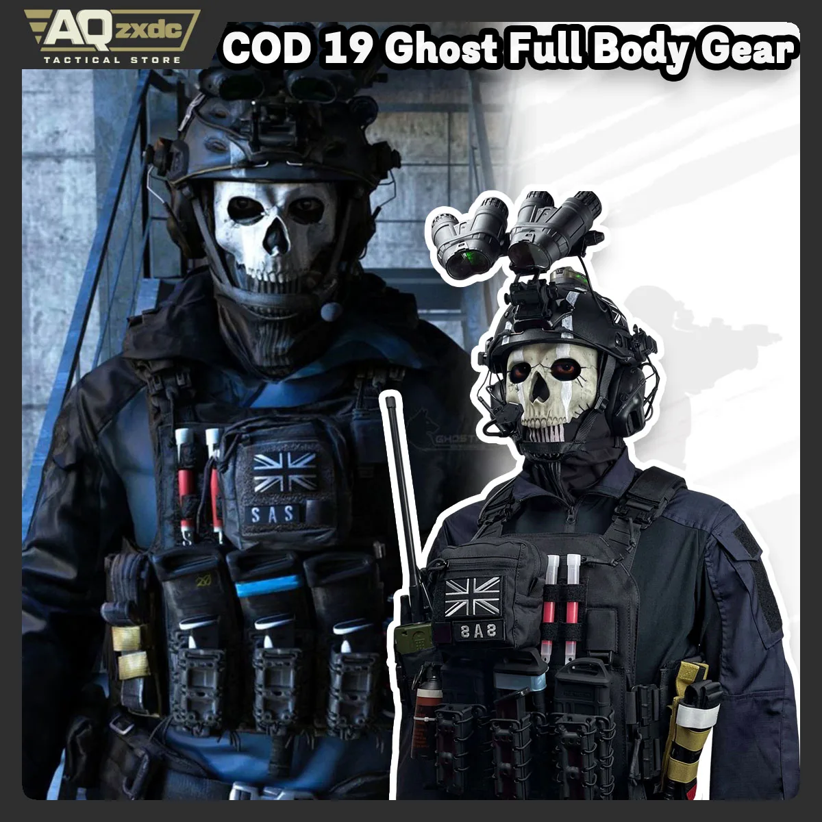 

Airsoft Call of Duty 19, тактический полный набор снаряжения для косплея Night Raid Ghost, тактическая маска Ghost, тактический жилет и комплект Hemlet