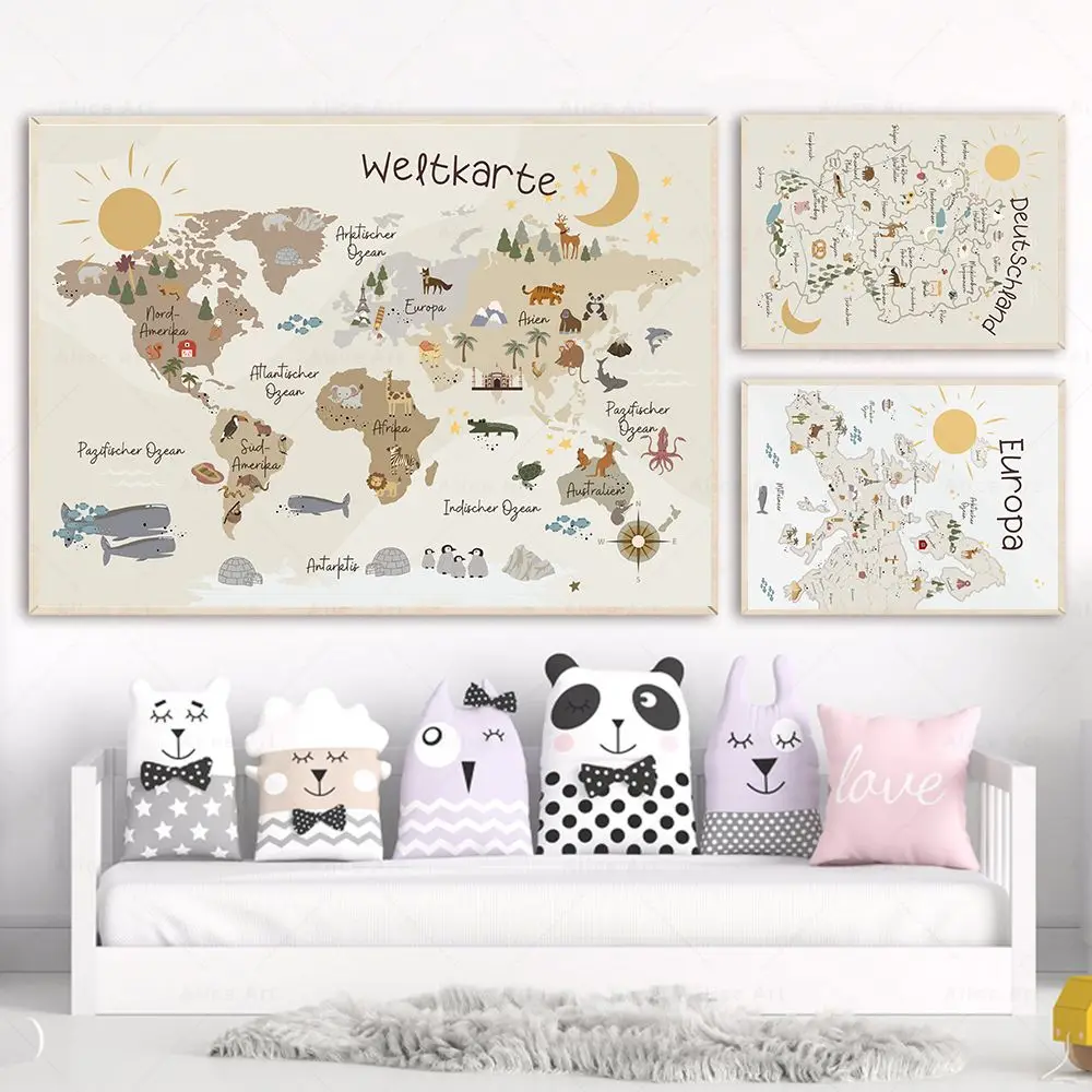 （2D Canvas painting） Boho Style World Map Europe Germany Map Wall Art Posters Children's Room Canvas Painting Print Mural Pic
