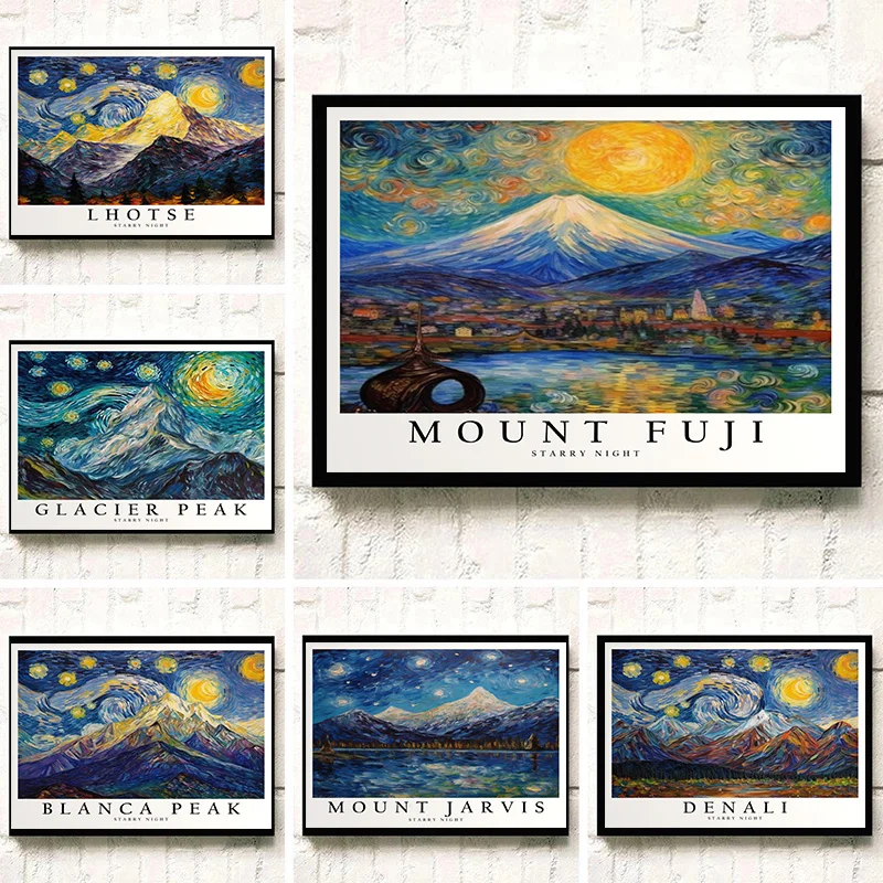 Mount Fuji Baker Kenya Kings Peak Van Gogh Starry Night Poster Print Wall Art Pictures Canvas Painting Living Room Home Decor