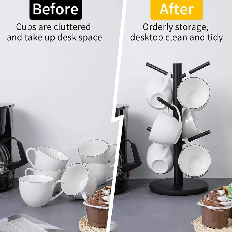 ABNO-bambusowy uchwyt na filiżankę kawy z 6 haczykami, pogrubiona podstawa, czarne drzewo kubków, stojak do przechowywania na ladę
