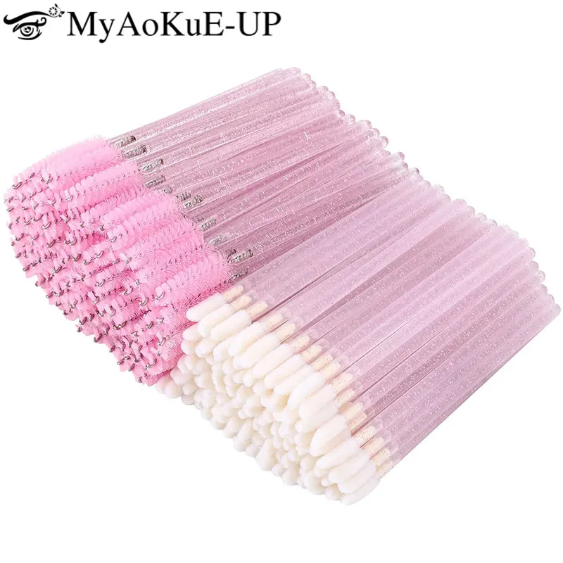 100pcs Disposable Makeup Brush Kit Crystal Mascara Wand Spoolies Lipstick Lip Gloss Applicator for Eyebrow Eyelash Extension