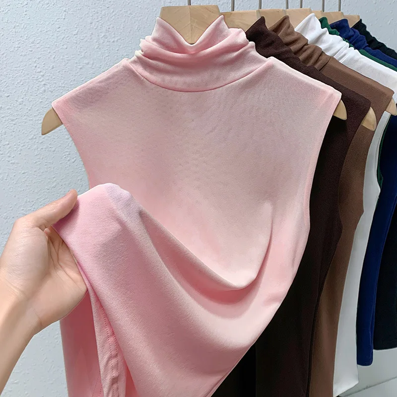 Elastic Mesh High Neck T-shirt New Women's Solid Color Plus Size Sleeveless Basic Top