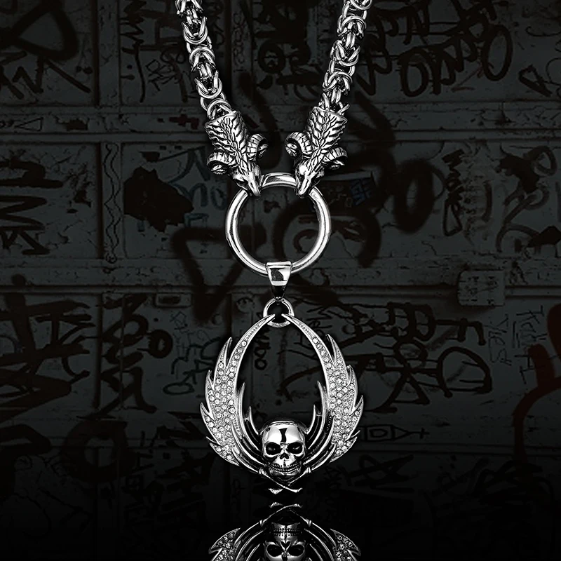 

Men’s Fallen Angel Wings Skull Stainless Steel Necklaces Pendants Male Punk Chain for Boyfriend Jewelry Hip Hop Creativity Gifts