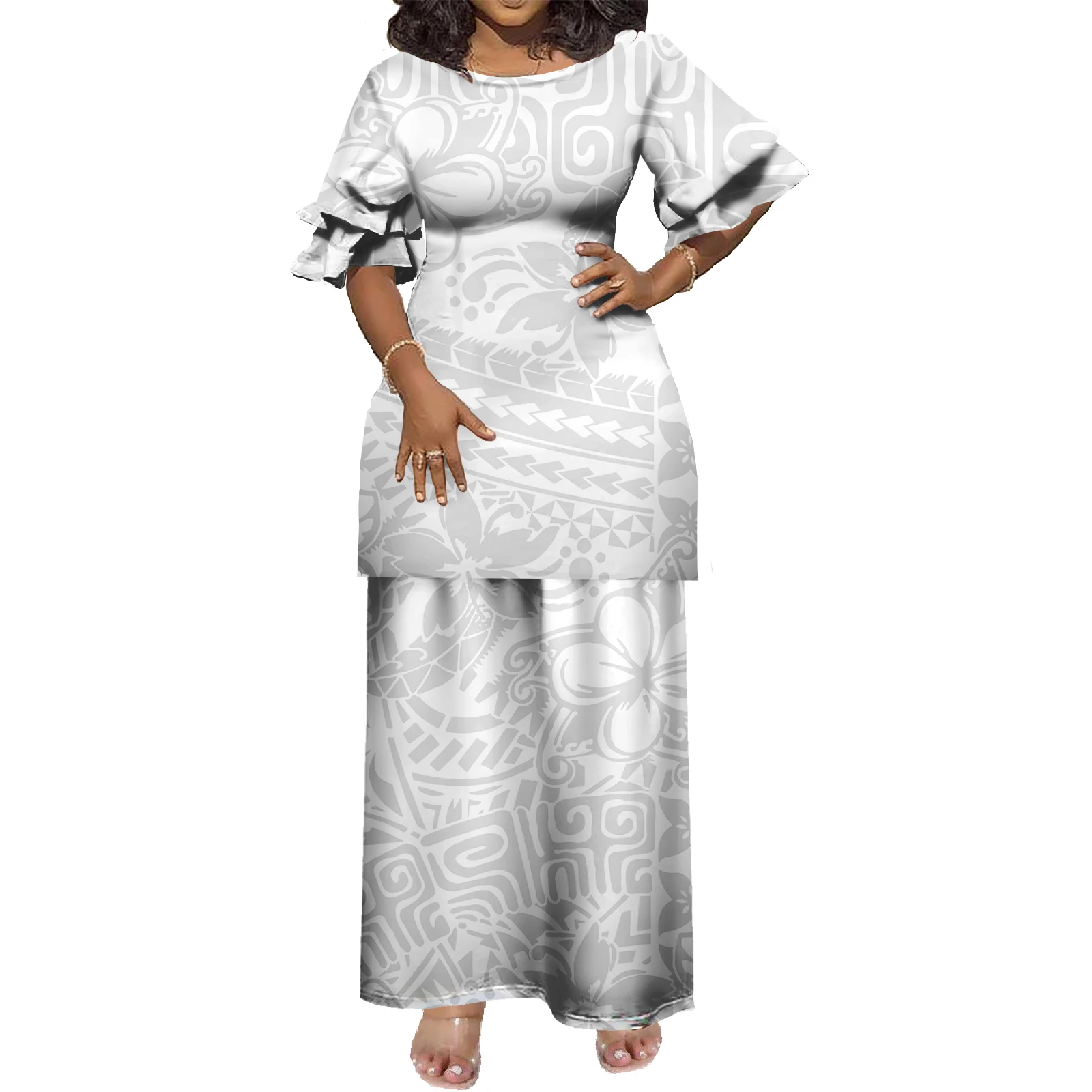 Conjunto de Vestido Floral Havaiano de 2 Peças para Mulheres com Design Tribal Polinésio, Top e Saias Personalizados, Vestido Puletasi Samoa