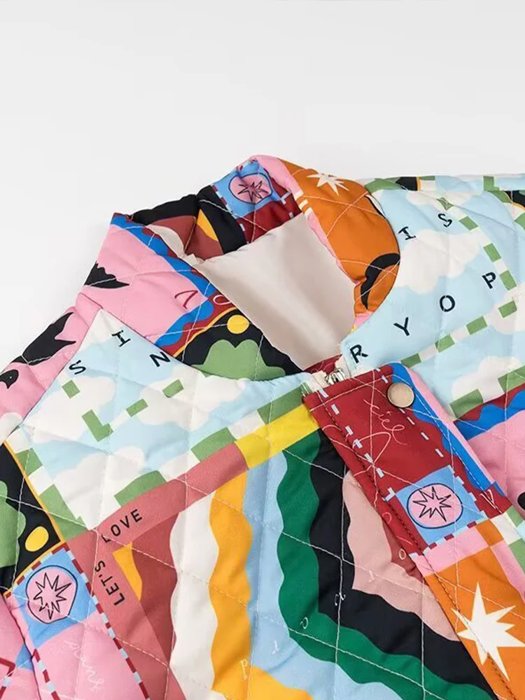 Cappotto in cotone con giacca allentata abbinata ai colori graffiti alla moda in stile pigro retrò da donna invernale in stile europeo e americano