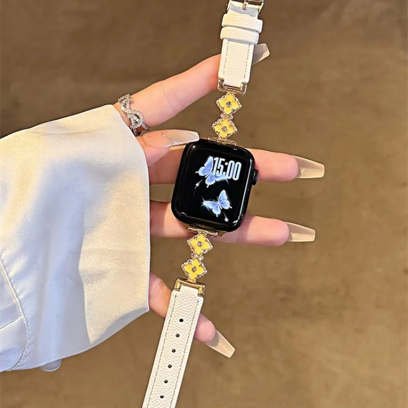 Pelle di semi di pesce trifoglio a quattro foglie design raffinato compatibile con cinturino iWatch 38mm 40mm 41mm 42mm 44mm 45mm 49mm cinturino alla moda