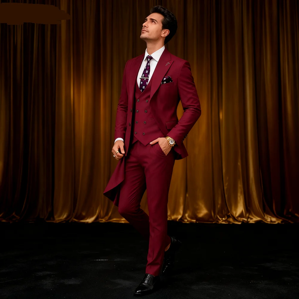 

Elegant Pink 3-piece Men's Tuxedo Suit with Peak Lapel Blazer Vest And Pants Set for Wedding Business Banquet Groom Attire