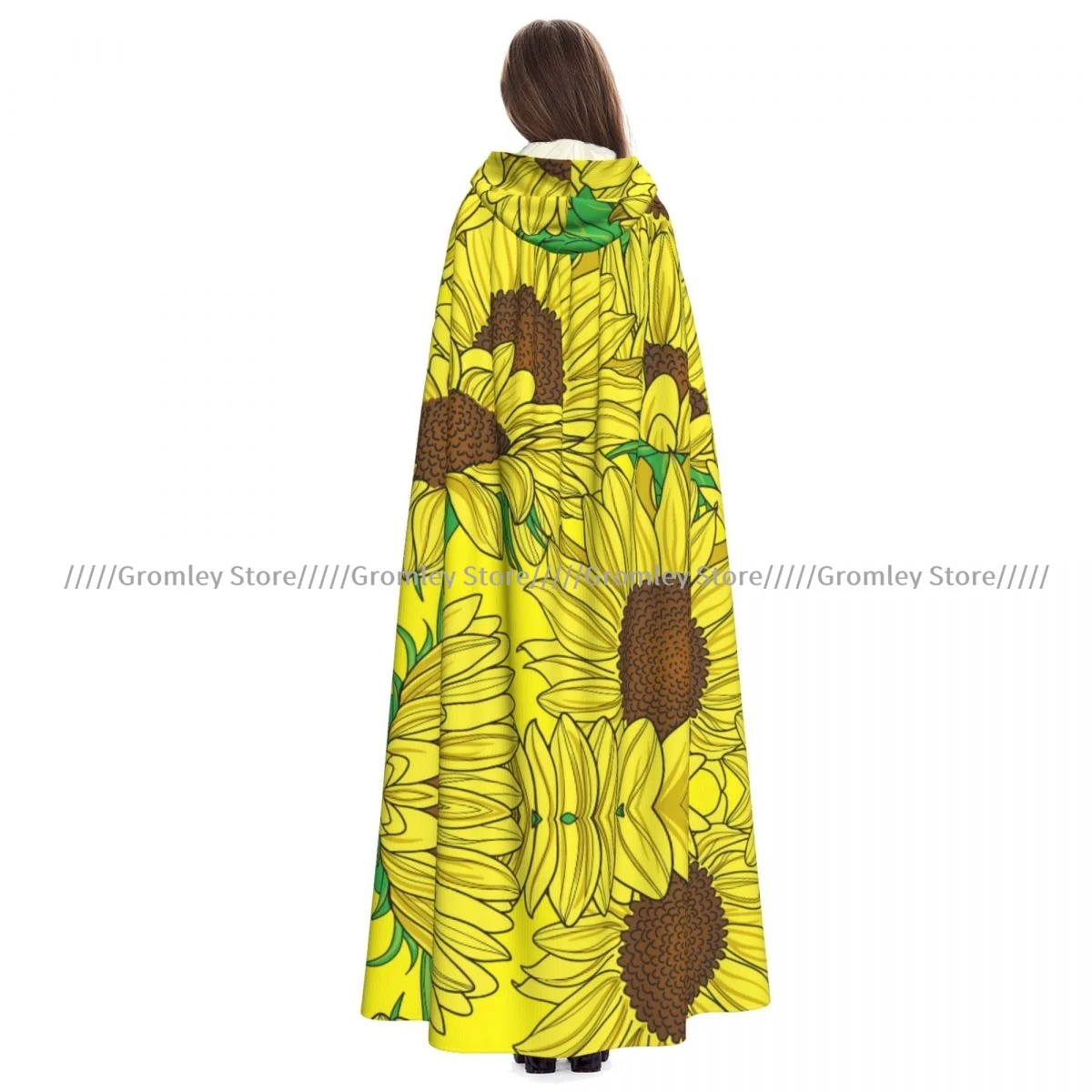 Adult Sunflowers Pattern Cloak Cape Hooded Medieval Costume Witch Wicca Vampire Halloween Costume Dress Coat