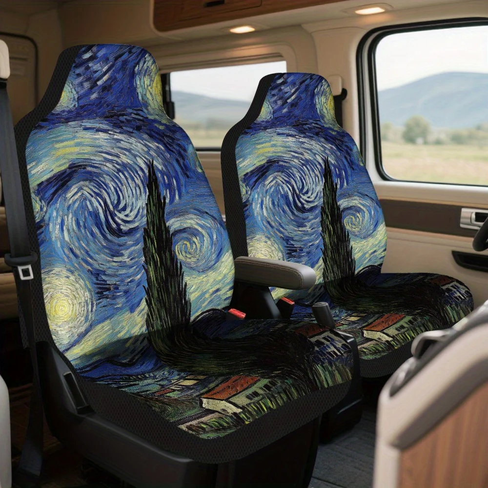 2pcs Starry Night Swirls Themed Car Seat Covers Set – Universal Fit, High-Quality Full Set Of Car Seat Protectors, Durable And F