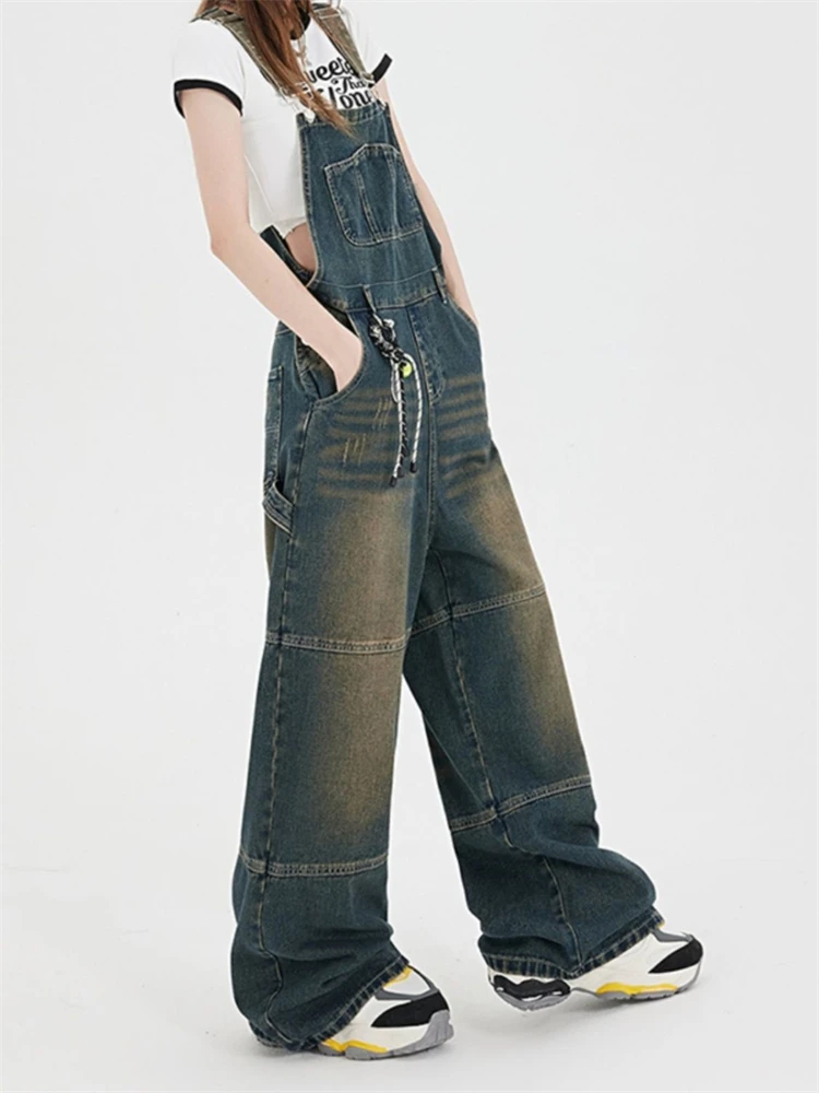 Women's Patchwork Vintage Denim Overalls Girl Suspender Jumpsuits Pants Casual Female Streetwear Rompers Straight Denim Trouser