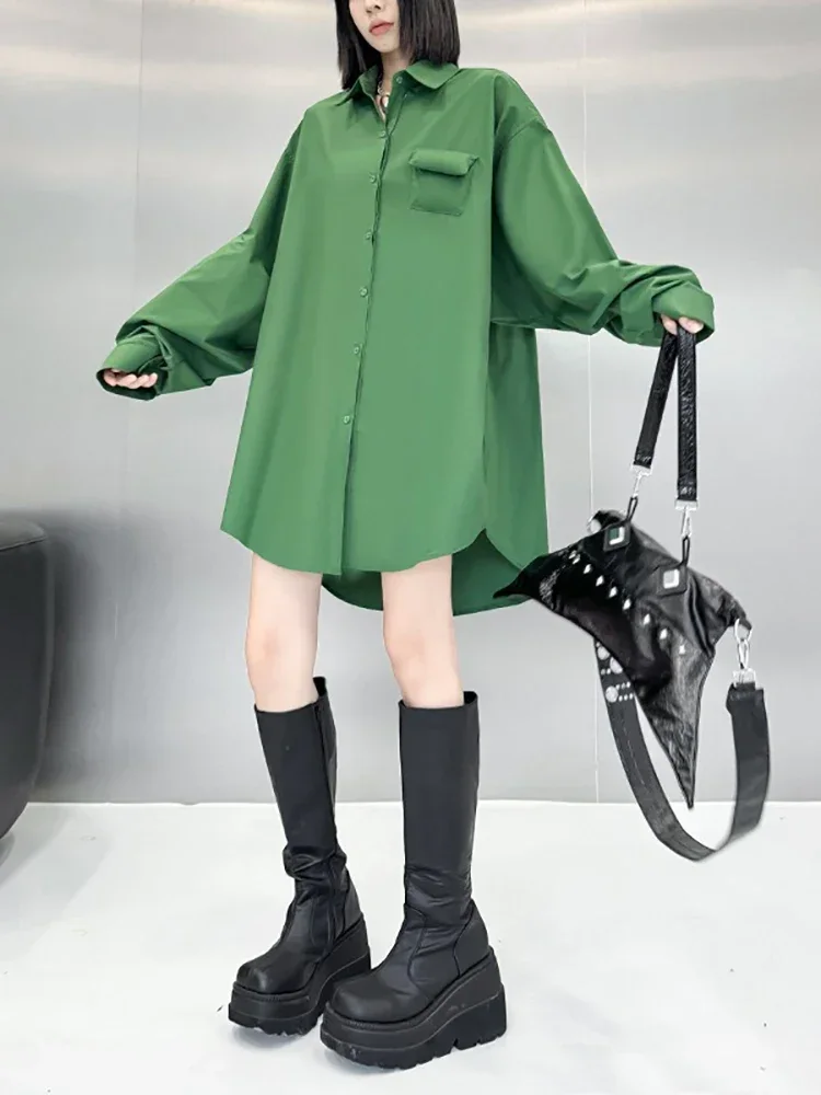 XITAO Einreiher Drehen-unten Kragen Tasche Frauen Hemd Einfarbig Lose Mode Abnehmen Alle Spiel Casual 2025, Herbst LJ1027