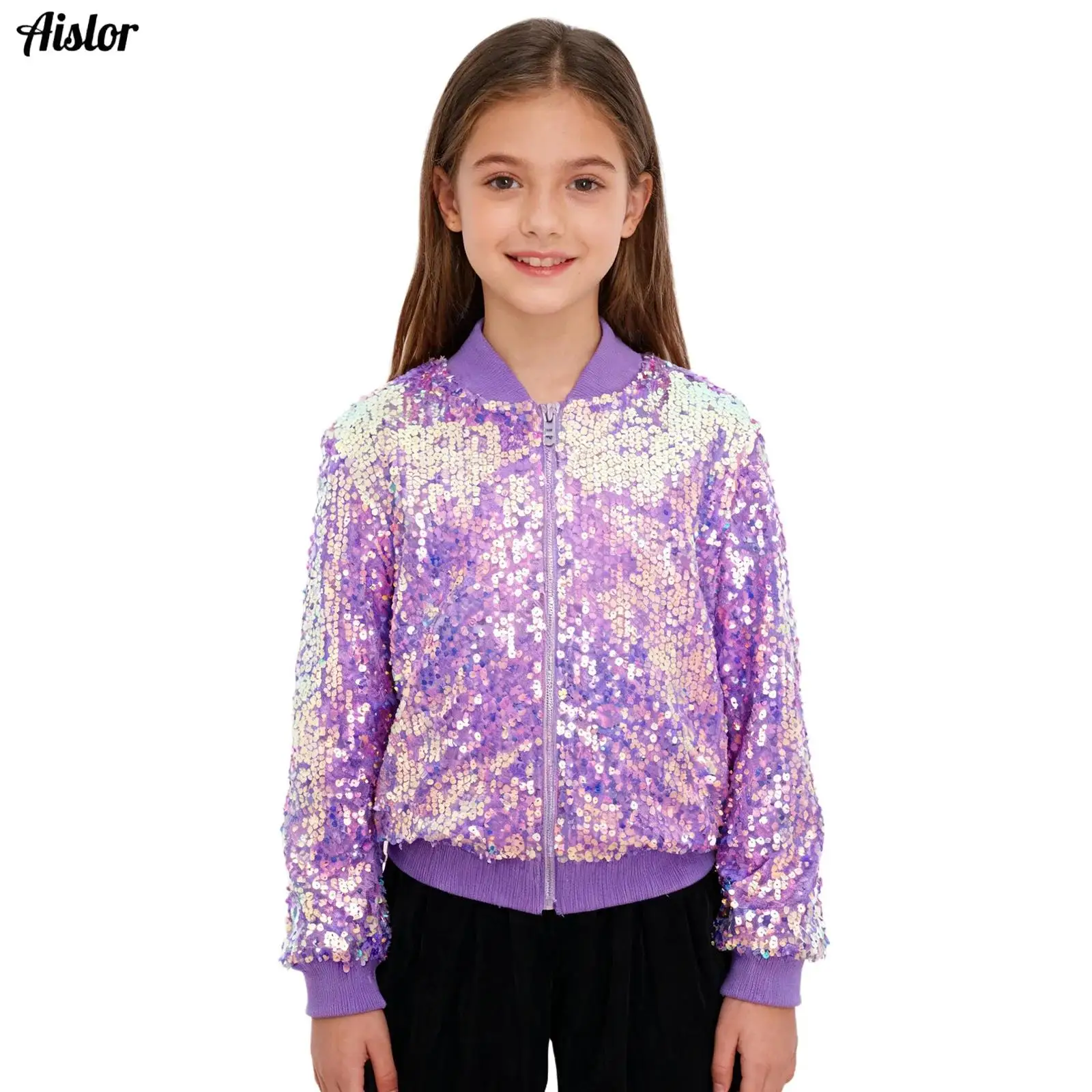 

Kids Girls Jazz Hip-hop Dance Top Long Sleeve Zipper Sparkling Sequins Jacket Coat with Pockets for Stage Performance Streetwear