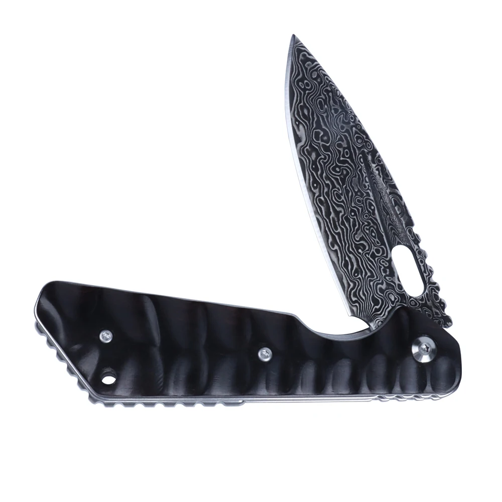 MASALONG Titan Damascus Blade tactical Folding Knife, Special Black Ebony Handle EDC