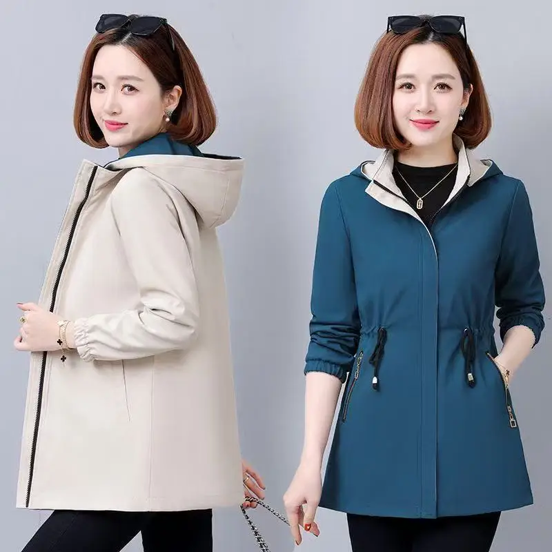 

Double-sided Coat Women Spring Autumn Long 2025 New Middle-aged Mother Thin Trench Coat Hooded Casual Windbreaker Female Outwear