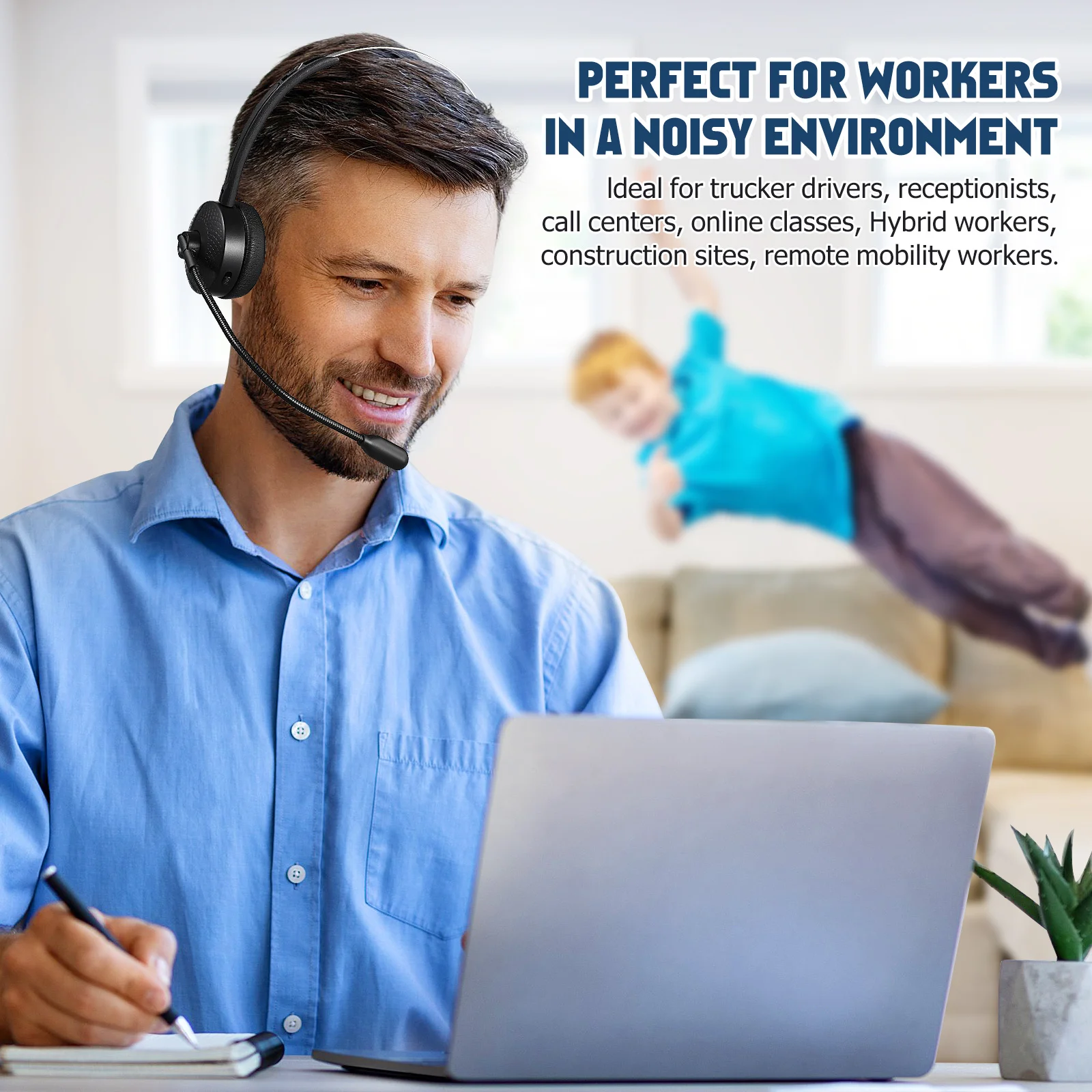 

.0 Business Wireless Headset Noise Cancelling Microphone Wireless Earpiece Soft Earmuff Adjustable Band Suitable for Office
