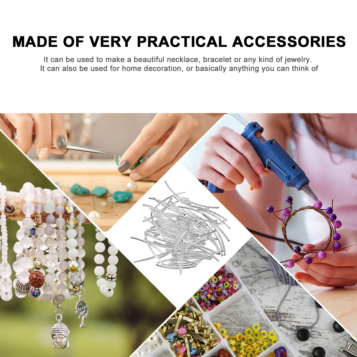 

200pcs Copper Beads Necklace Spacer DIY Jewelry Making Curved Tube Silver Color Beading Supplies Popular Accessories