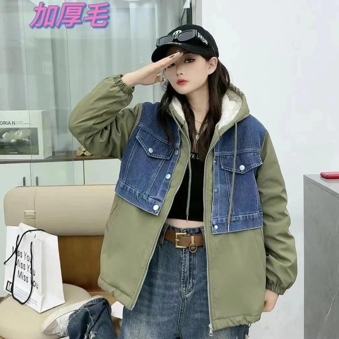 Plus Velvet Jacket Denim Stitching 2026 New Students' Winter Loose Casual Warm And Cold-Resistant Fashion Coat
