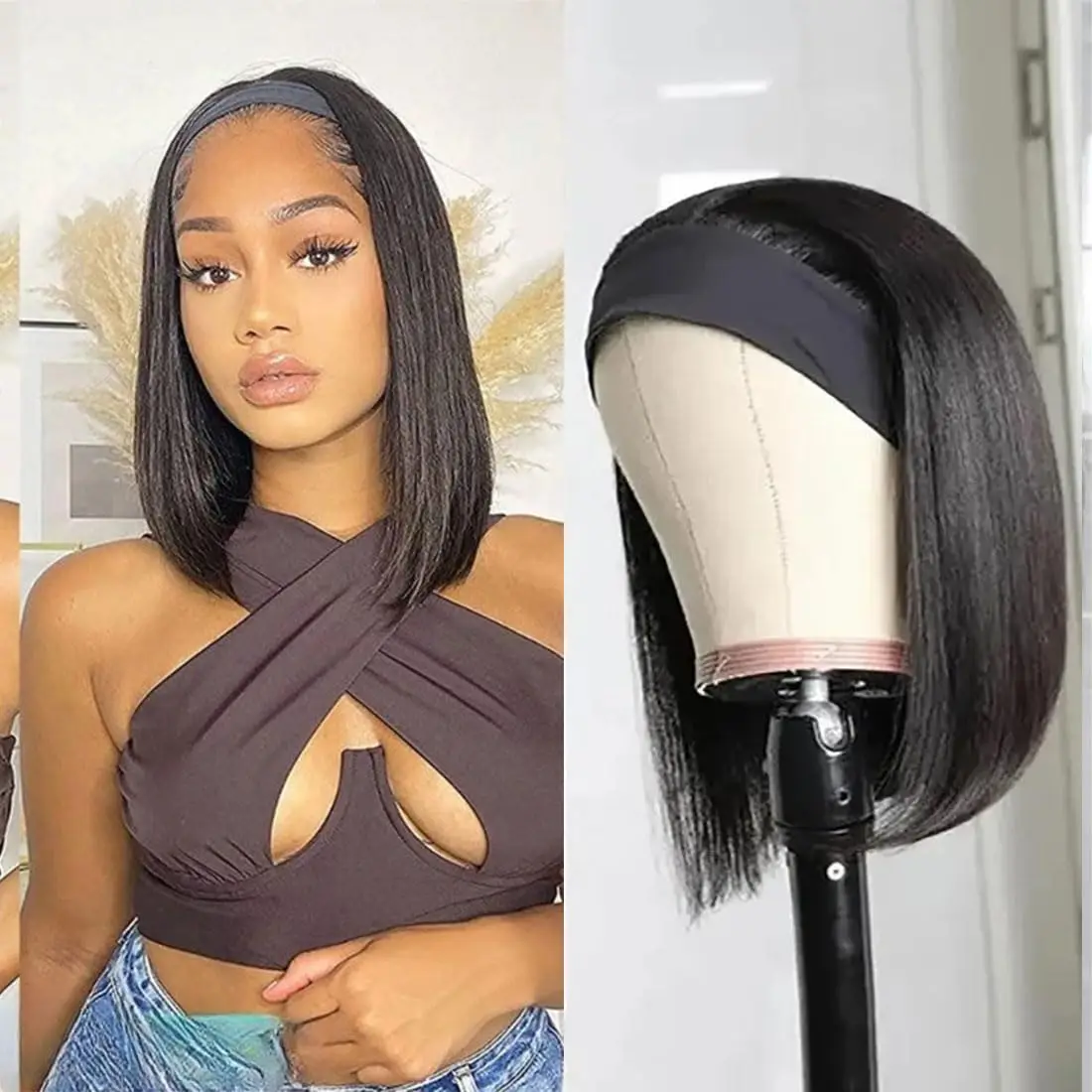 Aircabin Straight Bob Headband Wig 100% Human Hair Short Hairband Wigs For Women Machine Made Bob Wigs Human Hair Head band Wig