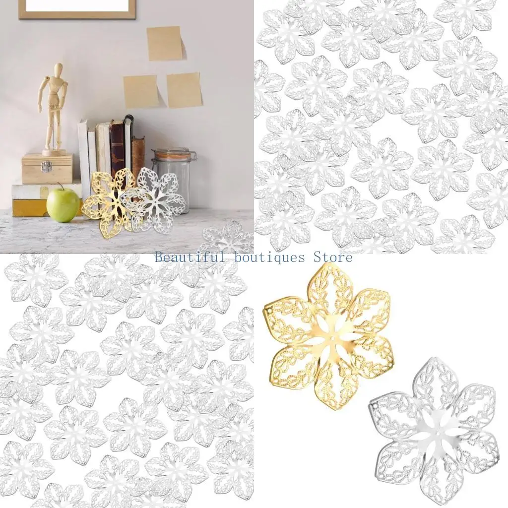 

U4LF Set of 100 Hollow Filigree Flower Wraps Metal Craft Embellishments for Headwear