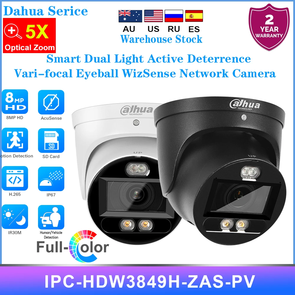 Dahua Serice 8MP POE IPC-HDW3849H-ZAS-PV Smart Dual Light Active Deterrence 5X ZOOM Vari-focal Eyeball WizSense Network Camera