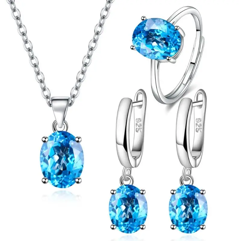 

925 Sterling Silver Jewelry Set with Natural Blue Topaz Garnet Citrine Emerald Oval Gemstone Necklace Earrings Ring for Girl