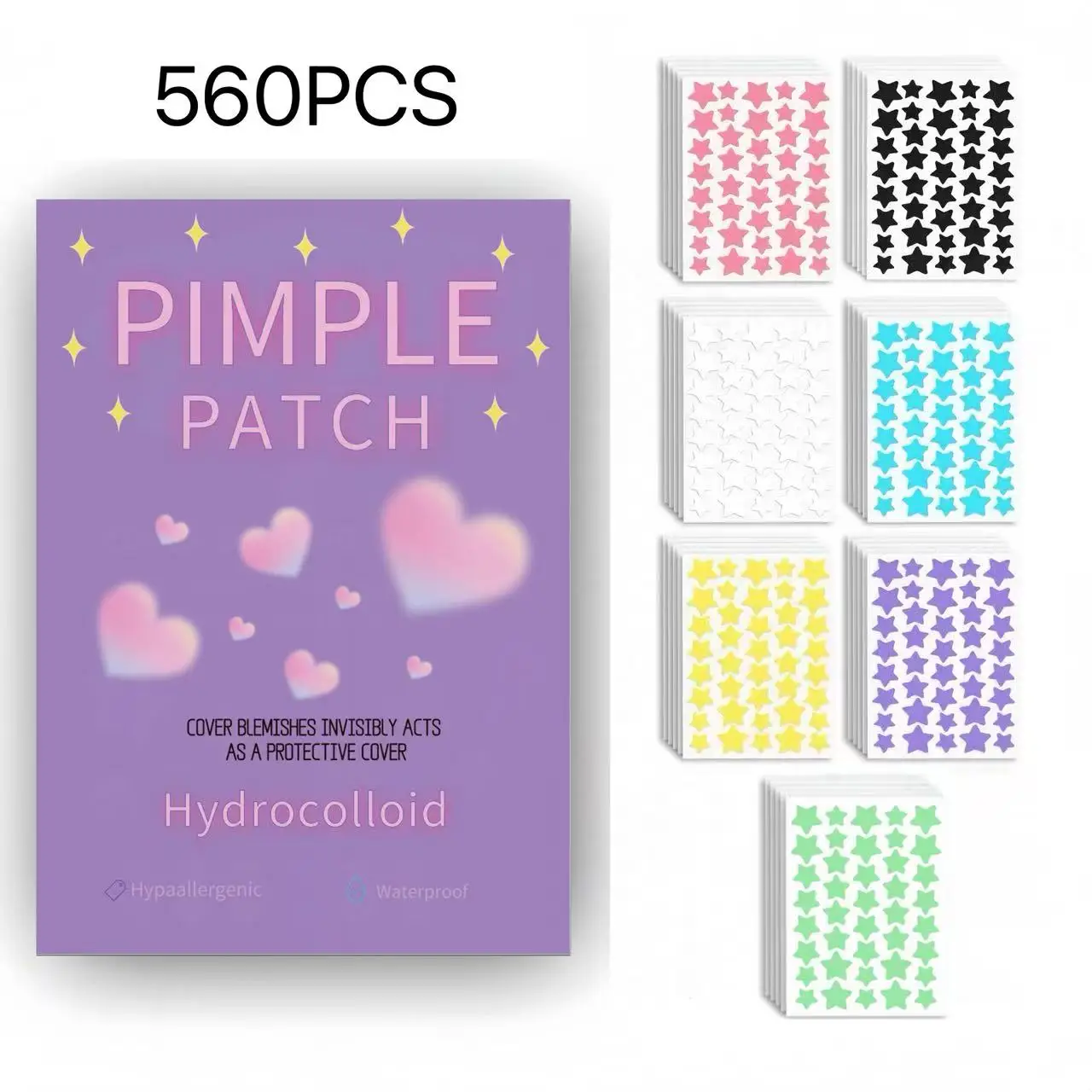 Cute Purple Heart Packaging 560Pcs Multicolor Star Hydrocolloid Pimple Patch Hypoallergenic Waterproof Invisible Acne Spot Cover